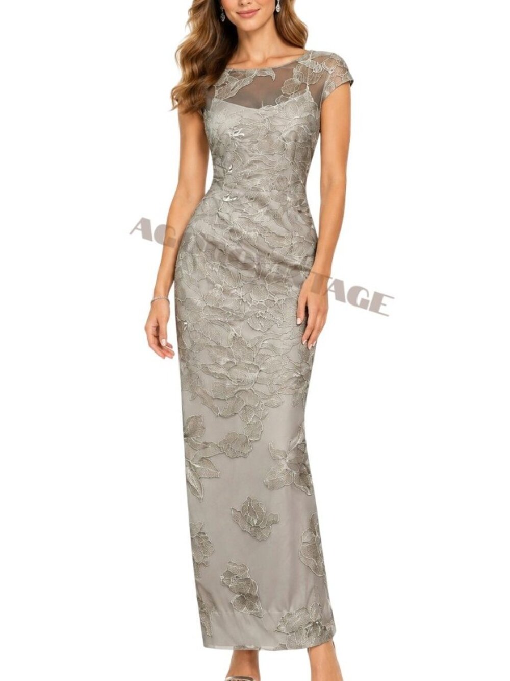 Lauren Ralph Lauren Lace Evening Gown Liquid Silver Formal Maxi Dress